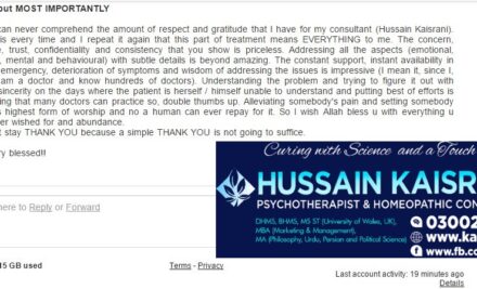 REVIEW OF FIRST MONTH OF TREATMENT AND PROGRESS BY HUSSAIN KAISRANI – FEEDBACK