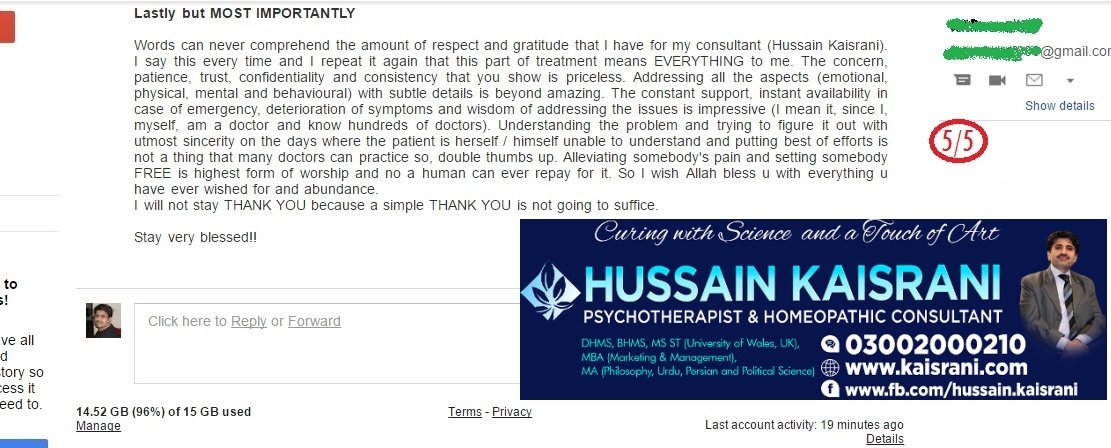 REVIEW OF FIRST MONTH OF TREATMENT AND PROGRESS BY HUSSAIN KAISRANI – FEEDBACK