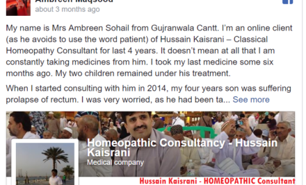 A Review – My experience of Homeopathy and Homeopathic Treatment by Hussain Kaisrani (Ambreen Sohail)